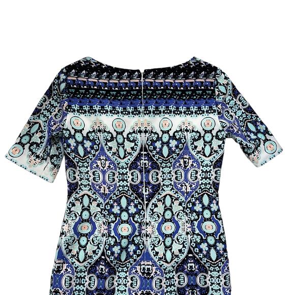 Antonio Melani Blue Aqua Damask Mirror Image Moroccan Sheath Dress Size 2 - Picture 5 of 7
